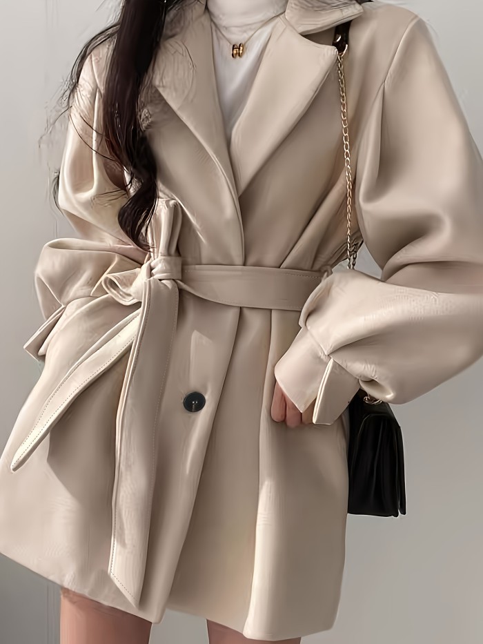 Button Front Notch Lapel Belted Coat, Elegant Long Sleeve Coat For Fall & Winter, Women's Clothing