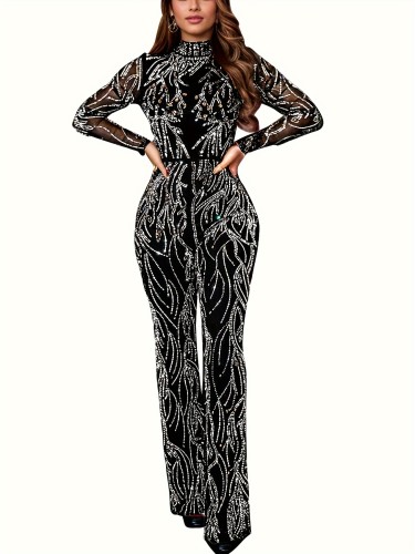 Sequined Mock Neck Backless Jumpsuit, Stylish Long Sleeve Jumpsuit For Spring & Fall, Women's Clothing