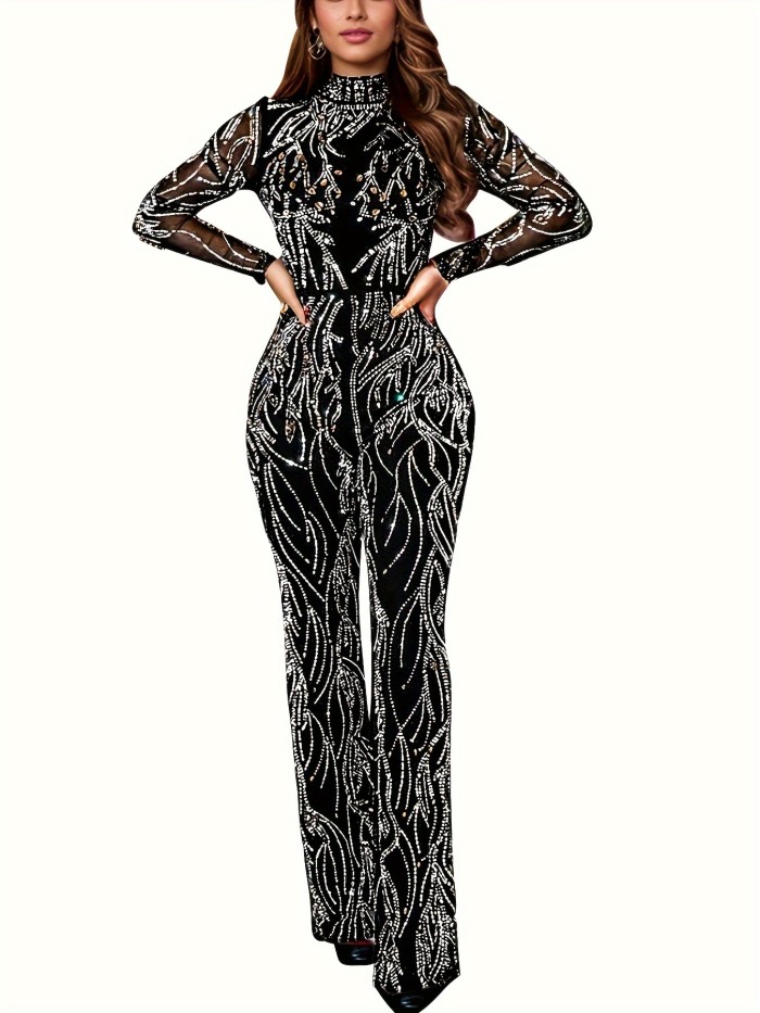 Sequined Mock Neck Backless Jumpsuit, Stylish Long Sleeve Jumpsuit For Spring & Fall, Women's Clothing