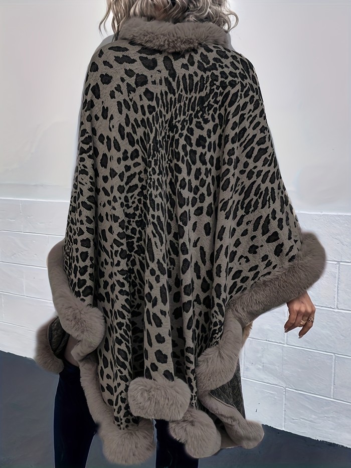 Elegant Women's Leopard Pattern Faux Fur Trim Batwing Sleeve Warm Cape Coat for Fall & Winter