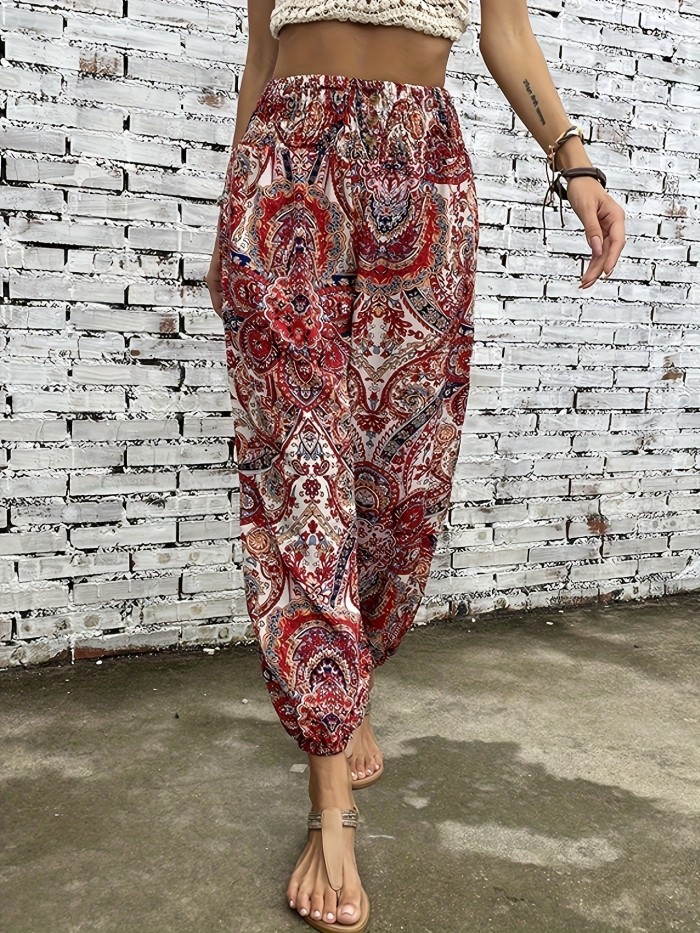 Spring\u002FSummer Chic: Boho Chic Shirred-Waist Tribal Joggers for Women - Comfortable, Durable & Easy Maintenance