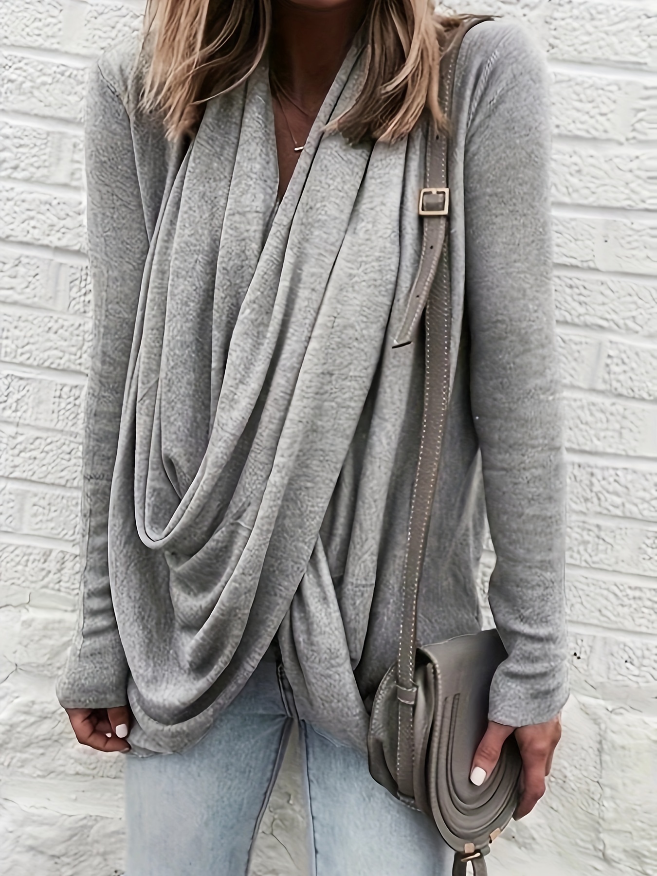 Solid Color Cowl Neck T-Shirt, Casual Long Sleeve T-Shirt For Spring ...