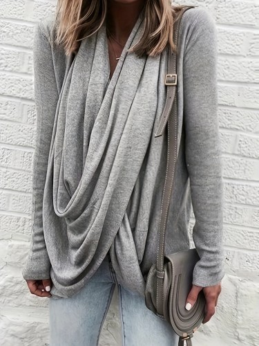 Solid Color Cowl Neck T-Shirt, Casual Long Sleeve T-Shirt For Spring & Fall, Women's Clothing