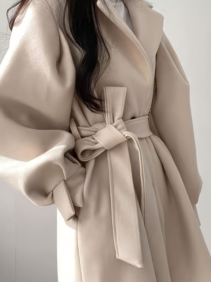 Button Front Notch Lapel Belted Coat, Elegant Long Sleeve Coat For Fall & Winter, Women's Clothing