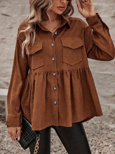 Women's Corduroy Button-Up Shirt with Shoulder Pads, Long Sleeve, Solid Color, Woven Polyester, Single Button Front, Adult Spring\u002FSummer\u002FFall Collection