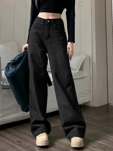 Vintage Wide Leg Jeans - Stylish Slant Pocket, Loose Fit, Baggy Denim, Soft Fabric, Comfortable Streetwear - Women's Fashionable Denim Pants & Clothing for Casual Daily Wear