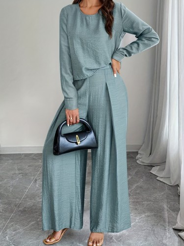 2 Pcs Solid Color Top & Pants Outfit, Long Sleeve Crew Neck Top & High Waist Wide Leg Pants, Women's Clothing