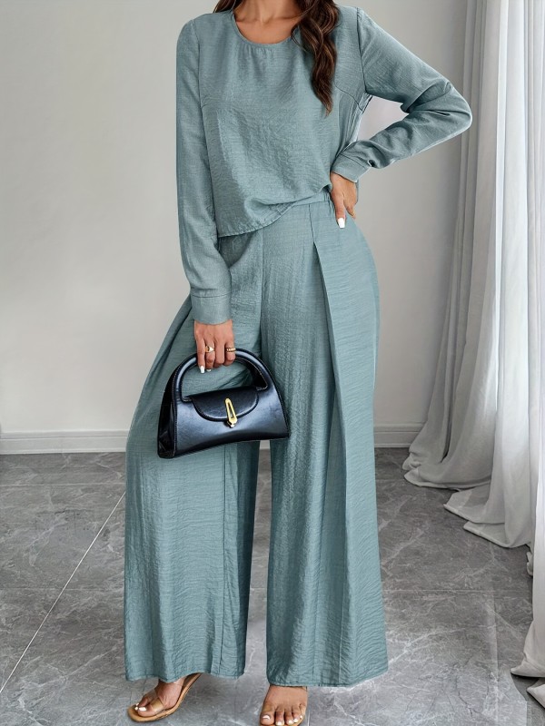 2 Pcs Solid Color Top & Pants Outfit, Long Sleeve Crew Neck Top & High Waist Wide Leg Pants, Women's Clothing