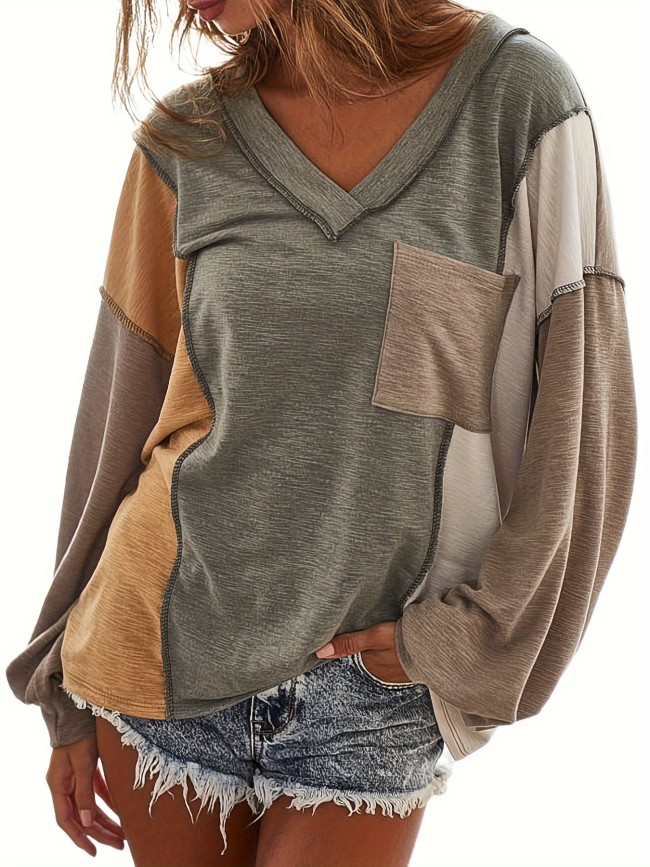 Chic V-Neck Long Sleeve T-Shirt - Elegant Top-stitching, Ideal for Spring & Fall, Womens Fashion Staple
