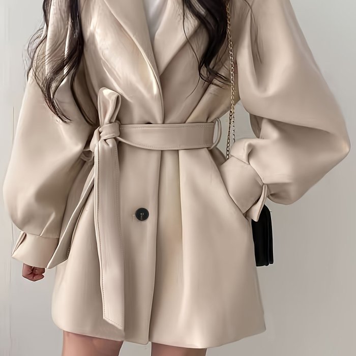 Button Front Notch Lapel Belted Coat, Elegant Long Sleeve Coat For Fall & Winter, Women's Clothing