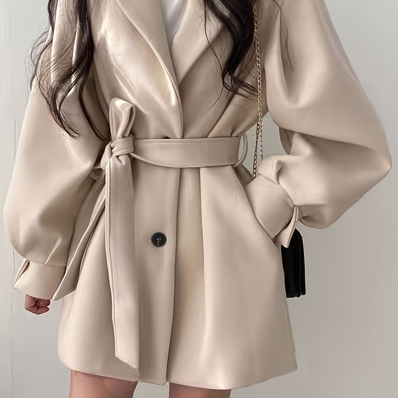Button Front Notch Lapel Belted Coat, Elegant Long Sleeve Coat For Fall & Winter, Women's Clothing