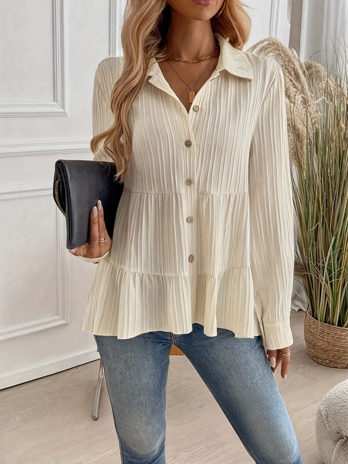 Women'S Casual Solid Color Long Sleeve Button-Down Lapel Blouse, 100% Polyester Woven Fabric, Versatile Pleated Shirt for Spring\u002FFall