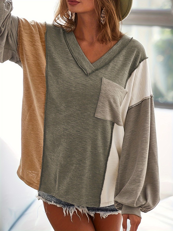 Chic V-Neck Long Sleeve T-Shirt - Elegant Top-stitching, Ideal for Spring & Fall, Womens Fashion Staple