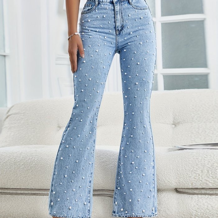 Faux Pearl Decor Washed Blue Party Style Flare Leg Jeans, Women's Denim Jeans & Clothing