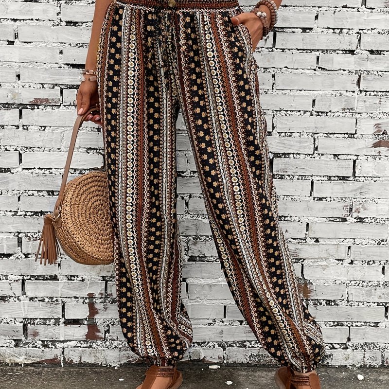 Spring\u002FSummer Chic: Boho Chic Shirred-Waist Tribal Joggers for Women - Comfortable, Durable & Easy Maintenance