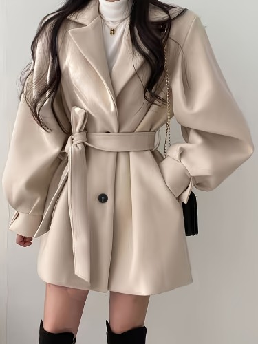 Button Front Notch Lapel Belted Coat, Elegant Long Sleeve Coat For Fall & Winter, Women's Clothing
