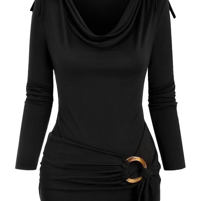 Stylish Ruched Cowl Neck Top - Women's Elegant Long Sleeve Drawstring T-Shirts for Spring & Fall - Chic Ring Decor, Flattering Fit