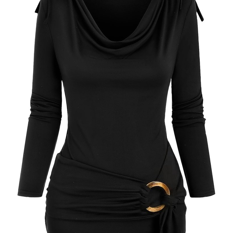 Stylish Ruched Cowl Neck Top - Women's Elegant Long Sleeve Drawstring T-Shirts for Spring & Fall - Chic Ring Decor, Flattering Fit