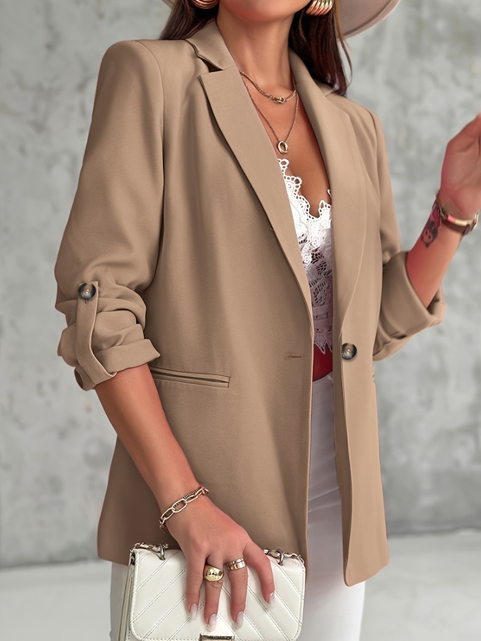 Elegant Women's Blazer with Single Button Closure, Long Sleeve Solid Color Suit Jacket with Pockets, H-Shape Polyester Woven Coat for Office and Business Casual Wear