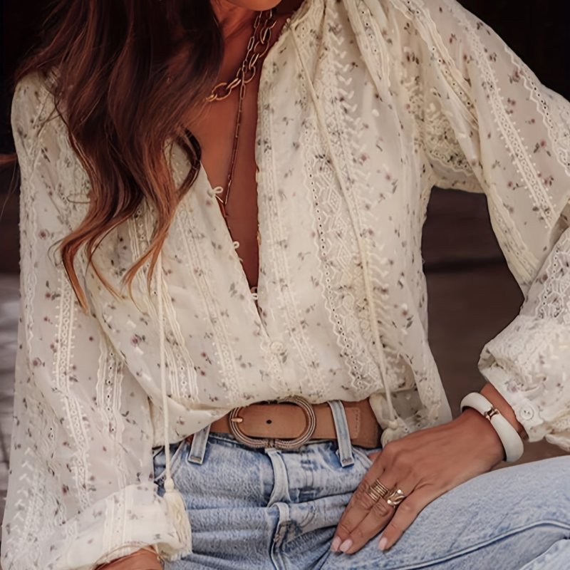 Floral Print Lace Splicing Button Front Blouse, Sweet Long Sleeve Top For Spring & Fall, Women's Clothing
