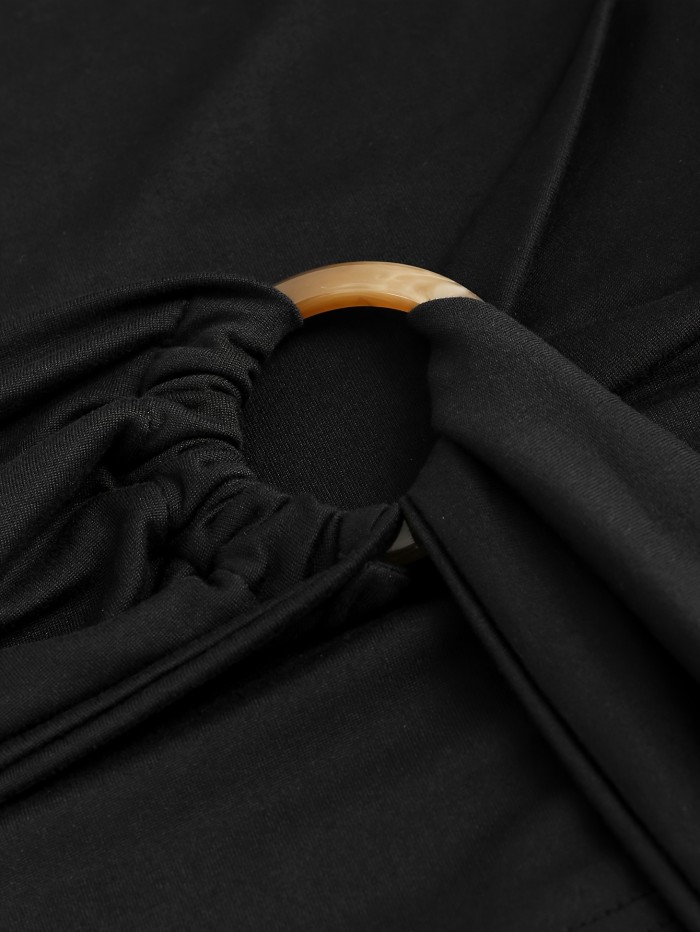 Stylish Ruched Cowl Neck Top - Women's Elegant Long Sleeve Drawstring T-Shirts for Spring & Fall - Chic Ring Decor, Flattering Fit