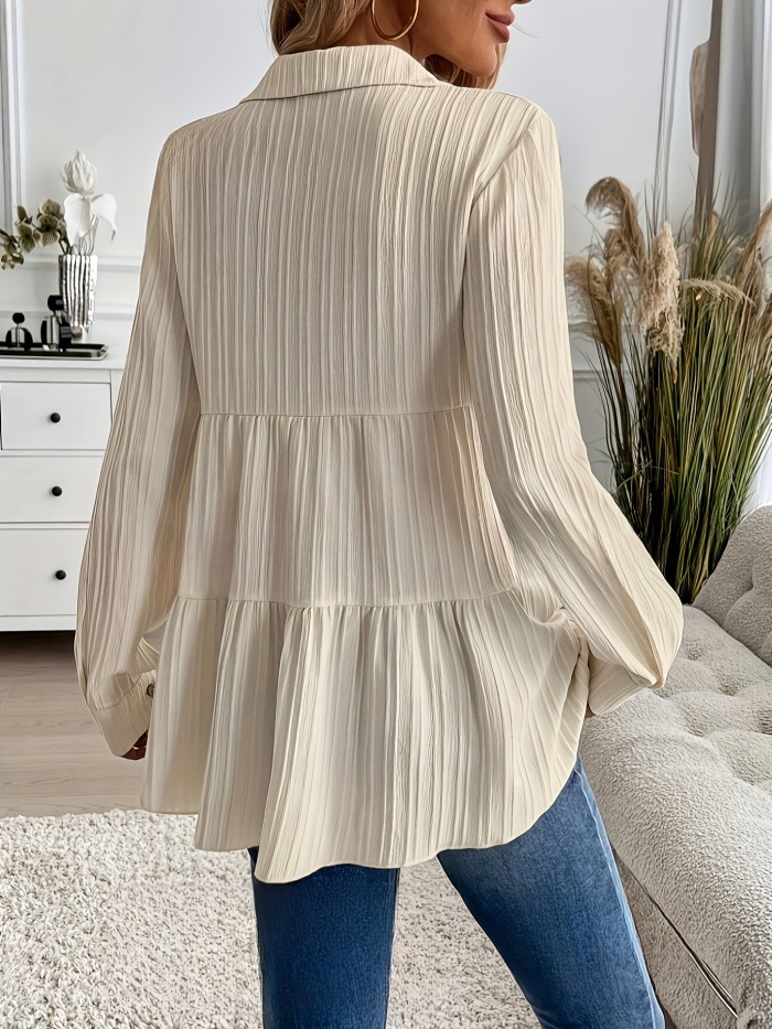 Women'S Casual Solid Color Long Sleeve Button-Down Lapel Blouse, 100% Polyester Woven Fabric, Versatile Pleated Shirt for Spring\u002FFall