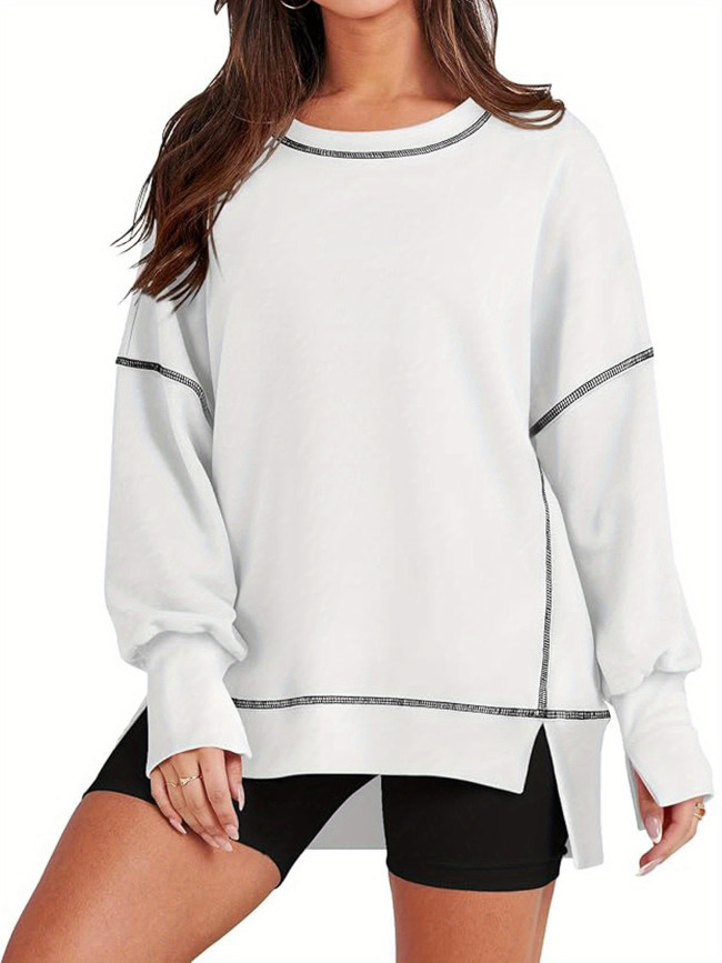 Women's Casual Round Neck Sweatshirt, Autumn Fashionable Long Sleeved Side Opening Pullover