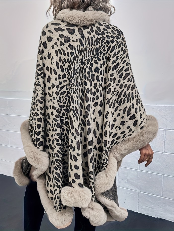 Elegant Women's Leopard Pattern Faux Fur Trim Batwing Sleeve Warm Cape Coat for Fall & Winter