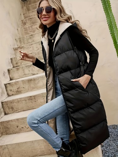 Women's Casual Puffer Vest with Hood, Solid Color, Polyester, Woven, Adult, All-Season, with Pockets - Sleeveless Waistcoat