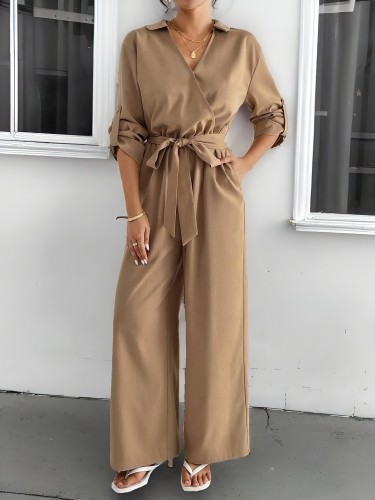 Women'S Solid Color High-Waist Long Sleeve V-Neck Jumpsuit with Tie, Elegant Fashion Romper, Polyester, All-Season, Adult, Woven