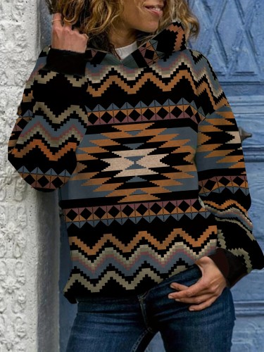 Tribal Geometric Print Hoodie, Casual Long Sleeve Pullover Hoodie, Women's Clothing