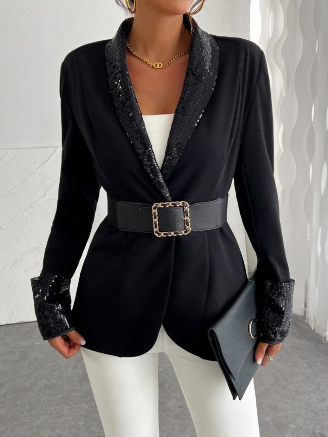 Sequined Button Front Shawl Lapel Blazer, Elegant Long Sleeve Tunic Blazer For Office & Work, Women's Clothing