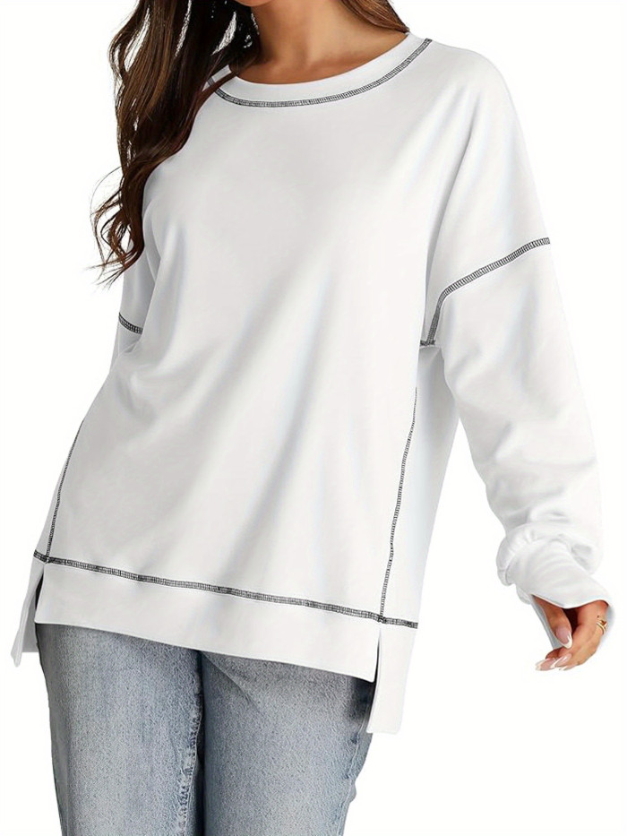 Women's Casual Round Neck Sweatshirt, Autumn Fashionable Long Sleeved Side Opening Pullover
