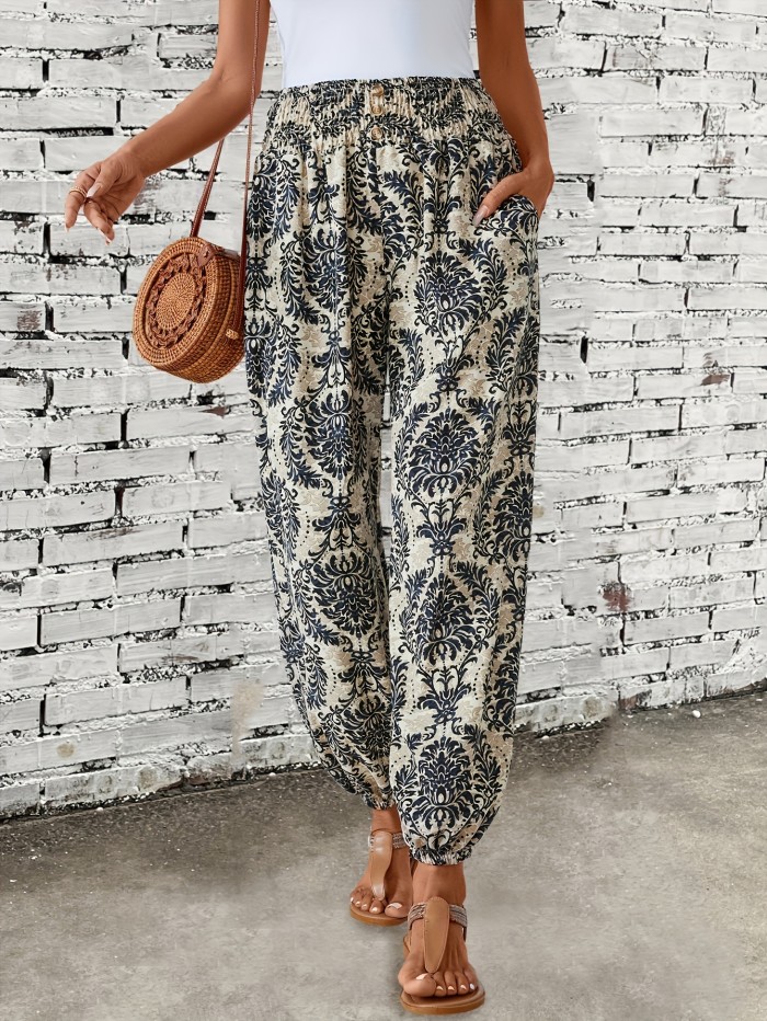 Spring\u002FSummer Chic: Boho Chic Shirred-Waist Tribal Joggers for Women - Comfortable, Durable & Easy Maintenance