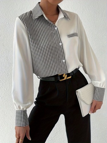 1pc Elegant Women'S Long Sleeve Printed Splicing Blouse, Polyester Button-Down Collared Shirt with Houndstooth Pattern, All-Season Chic Top for Adults