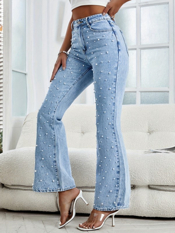 Faux Pearl Decor Washed Blue Party Style Flare Leg Jeans, Women's Denim Jeans & Clothing