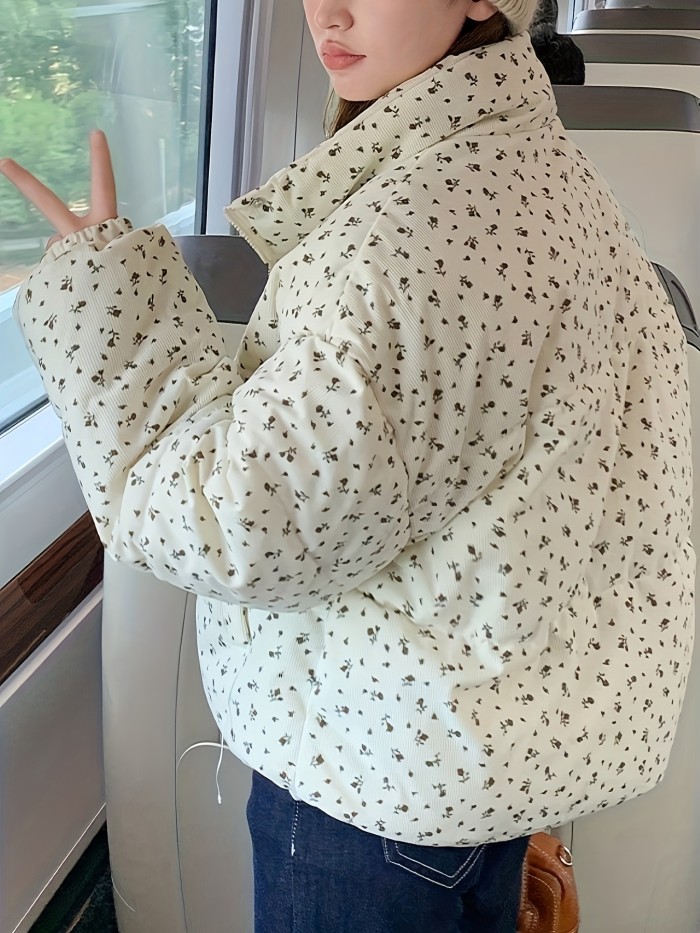 Elegant Floral Print High-Neck Crop Jacket for Women - Polyester, Machine Washable, Long Sleeve