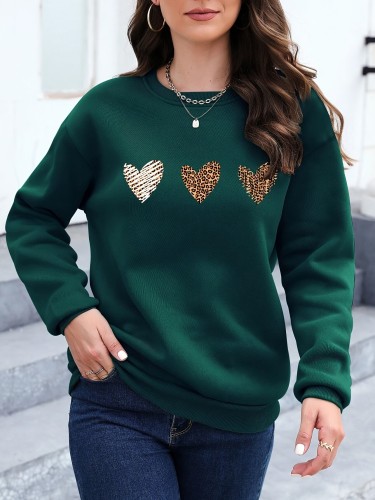 Women's Stylish Plush-Lined Sports Sweatshirt, Crew Neck Pullover With Leopard Print Hearts, Casual Long Sleeve Top, Cozy Activewear Outerwear