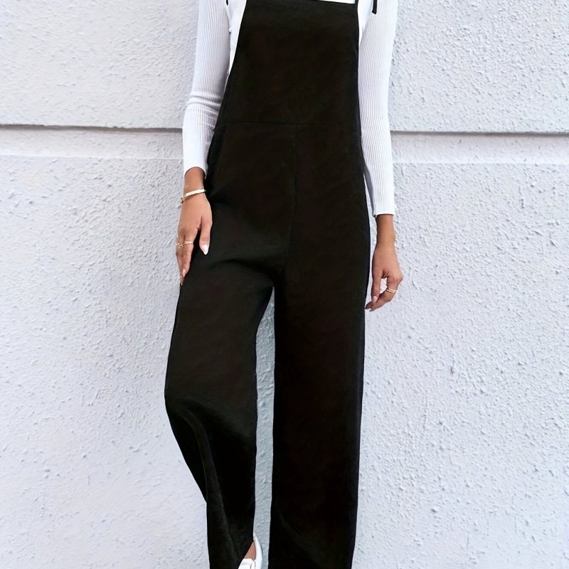 Elegant Women's Wide-Leg Jumpsuit with Pockets - Square Neck, Sleeveless, Solid Color, Polyester, Machine Washable - Versatile Fashion Overalls for All Seasons
