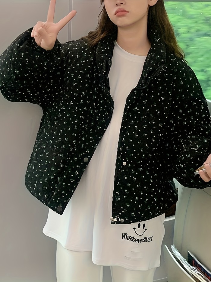 Elegant Floral Print High-Neck Crop Jacket for Women - Polyester, Machine Washable, Long Sleeve