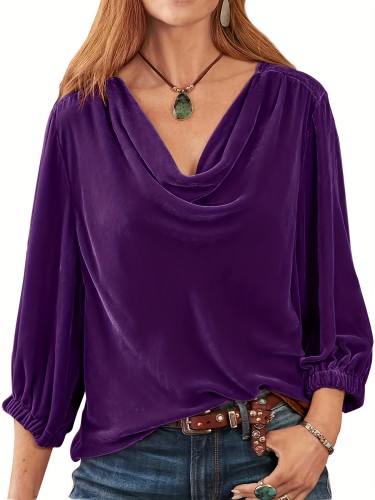 Plus Size Velvet Cowl Neck Top - Soft Slight Stretch Polyester Long Sleeve Casual Wear for Fall\u002FWinter - Comfortable Knit Fabric, No Sheer, No Printing