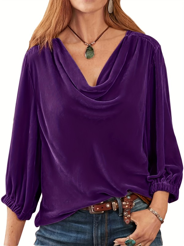 Plus Size Velvet Cowl Neck Top - Soft Slight Stretch Polyester Long Sleeve Casual Wear for Fall\u002FWinter - Comfortable Knit Fabric, No Sheer, No Printing