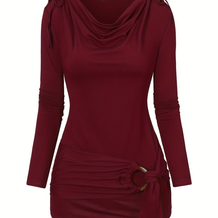 Stylish Ruched Cowl Neck Top - Women's Elegant Long Sleeve Drawstring T-Shirts for Spring & Fall - Chic Ring Decor, Flattering Fit