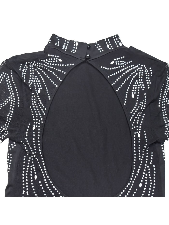 Sequined Mock Neck Backless Jumpsuit, Stylish Long Sleeve Jumpsuit For Spring & Fall, Women's Clothing