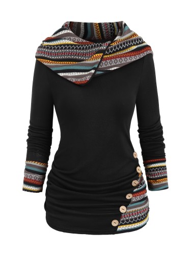 Trendy Ethnic Print Hoodie for Women - Stylish Button Accent, Comfortable Long Sleeve, Hooded Top - Perfect Fashionable Womens Casual Wear