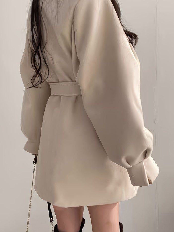 Button Front Notch Lapel Belted Coat, Elegant Long Sleeve Coat For Fall & Winter, Women's Clothing