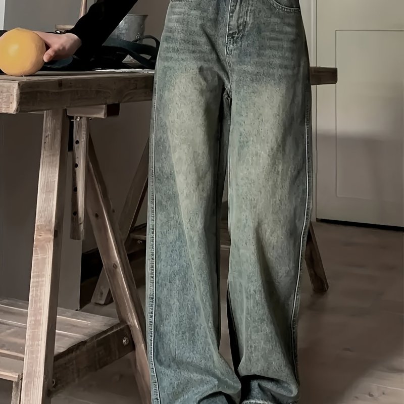 Vintage Wide Leg Jeans - Stylish Slant Pocket, Loose Fit, Baggy Denim, Soft Fabric, Comfortable Streetwear - Women's Fashionable Denim Pants & Clothing for Casual Daily Wear