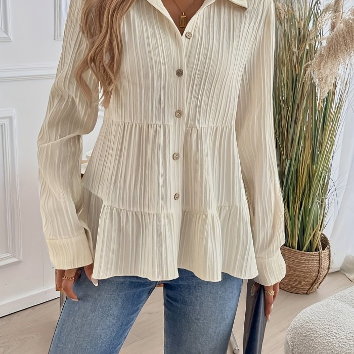Women'S Casual Solid Color Long Sleeve Button-Down Lapel Blouse, 100% Polyester Woven Fabric, Versatile Pleated Shirt for Spring\u002FFall
