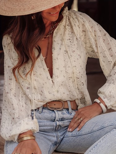 Floral Print Lace Splicing Button Front Blouse, Sweet Long Sleeve Top For Spring & Fall, Women's Clothing