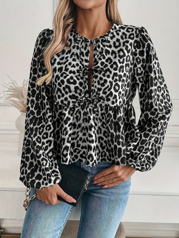 Elegant Long Sleeve Leopard Print Shirt with Pleated Front and Tie Detail for Women - Polyester Woven Blouse for All Seasons